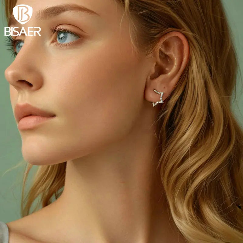 Boucles d'oreilles à tige en argent sterling 925 BISAER en forme d'étoile éblouissante sertie de zircons pavés plaqués or blanc bijoux fins pour femme cadeau de fête