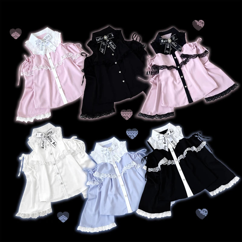 Japanese Gothic Lolita Shirts Women Vintage Kawaii Lace Ruffles Off Shoulder Long Sleeve Blouses Y2k Aesthetic Sweet Tops Blusas