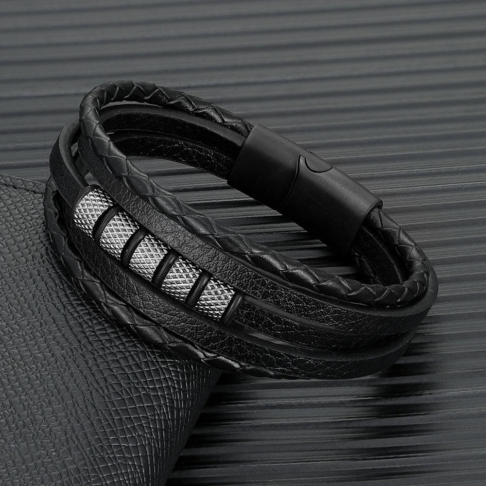 MKENDN Luxury Stainless Steel Beaded Bracelet Punk Men's Classic Multilayer Braided Leather Bracelet Black Buckle Homme Pulseras