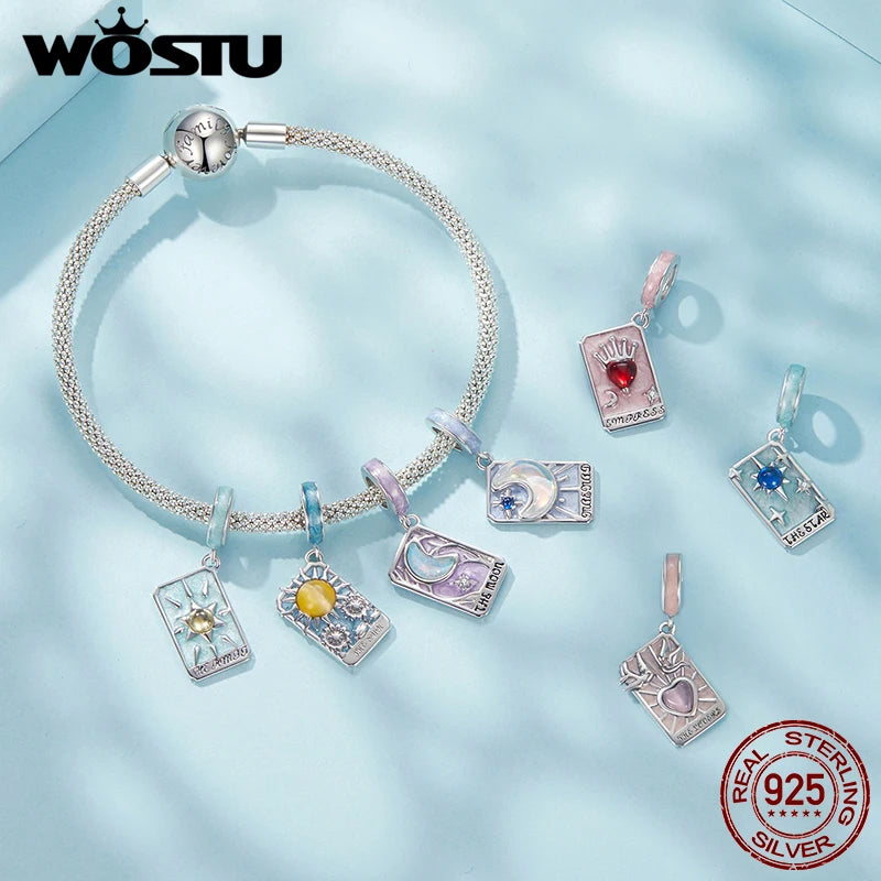 WOSTU 925 Silver Sun Moon Star Tarot Cards Charm Red Queen Tarot Pendant Fit Original DIY Bracelet Necklace Birthday DIY Jewelry