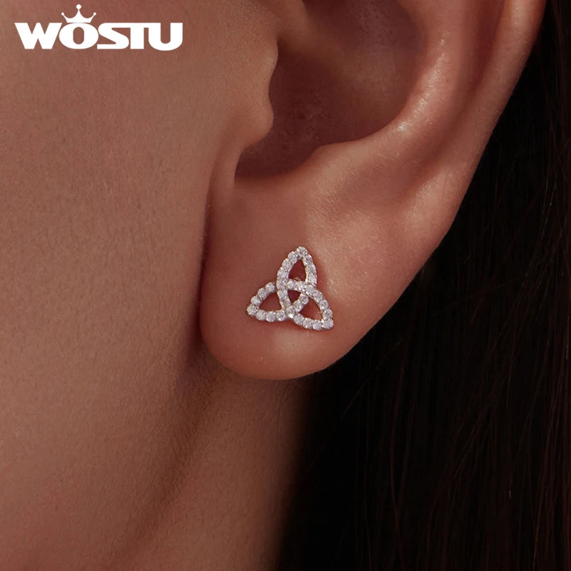 WOSTU Solid 925 Sterling Silver Clover Wedding Stud Earrings, Unique Shamrock Silver Earrings with CZ Jewelry Gift for Her