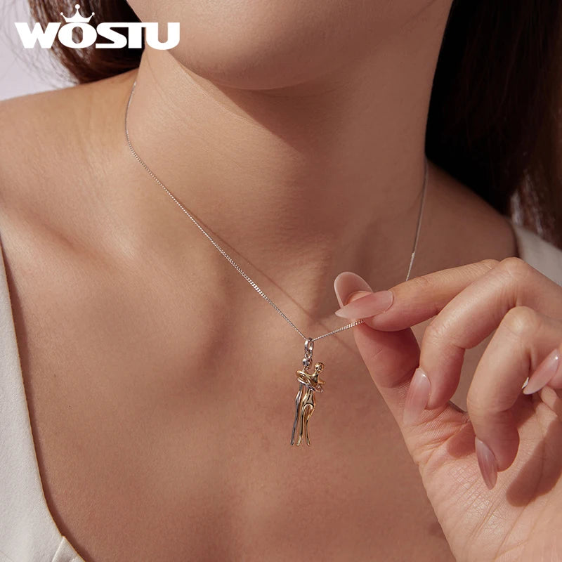 WOSTU 925 Solid Silver Hug Pendant Necklace For Sister Friend, Silver Gold Two-tone Embrace Pendant Friendship Jewelry Gift