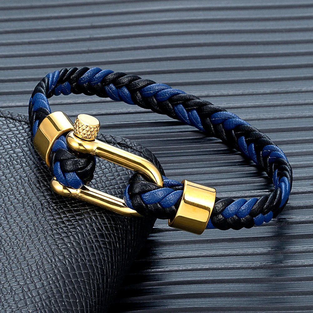 MKENDN Punk Gold Plated Stainless Steel U-shape Shackle Bucklae Bracelets Black Blue Braided Leather Bracelet Homme Pulseras
