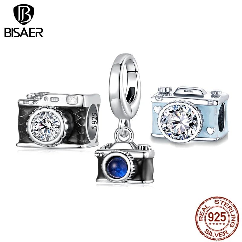 BISAER Real 925 Sterling Silver Camera Charm Bule Shiny Cameras Enamel Pendant For Women DIY Bracelet & Necklace Fine Jewelry