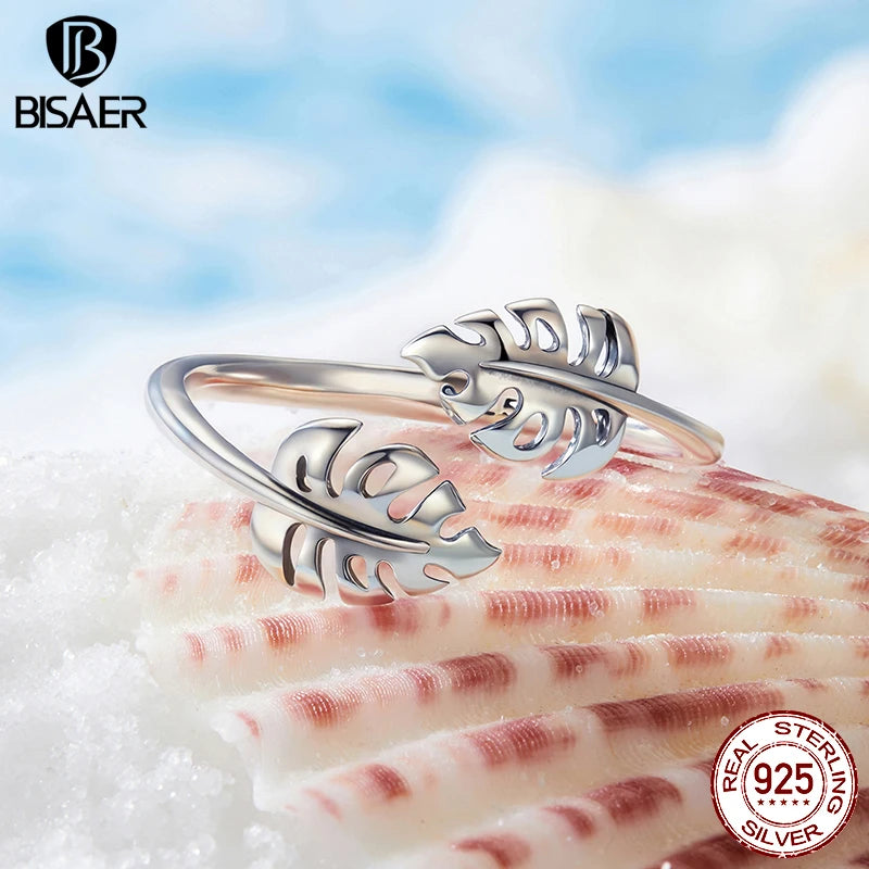 BISAER 925 Sterling Silver Turtleback Leaf Open Ring Adjustment Size 5-9 Band for Women Party Original Fine Jewelry EFR671-E