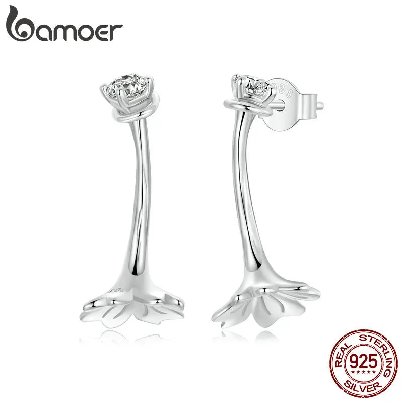 BAMOER Solid 925 Sterling Silver Dainty Flower Stud Earrings - Hypoallergenic Minimalist Cute Drop Earrings for Women SCE1792
