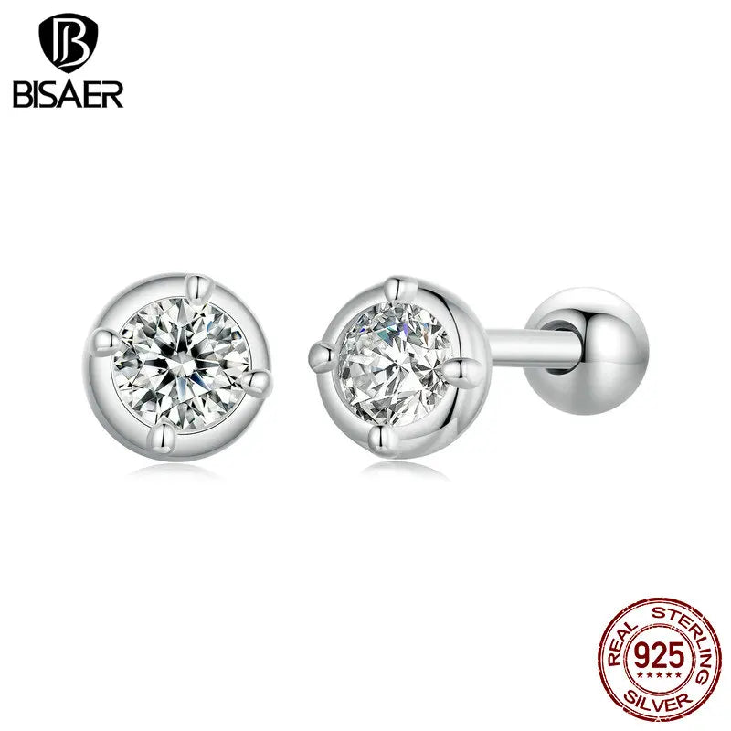 Boucles d'oreilles exquises en moissanite BISAER en argent sterling 925, mini boucles d'oreilles rondes hypoallergéniques classiques à tige, bijoux de fiançailles, cadeau