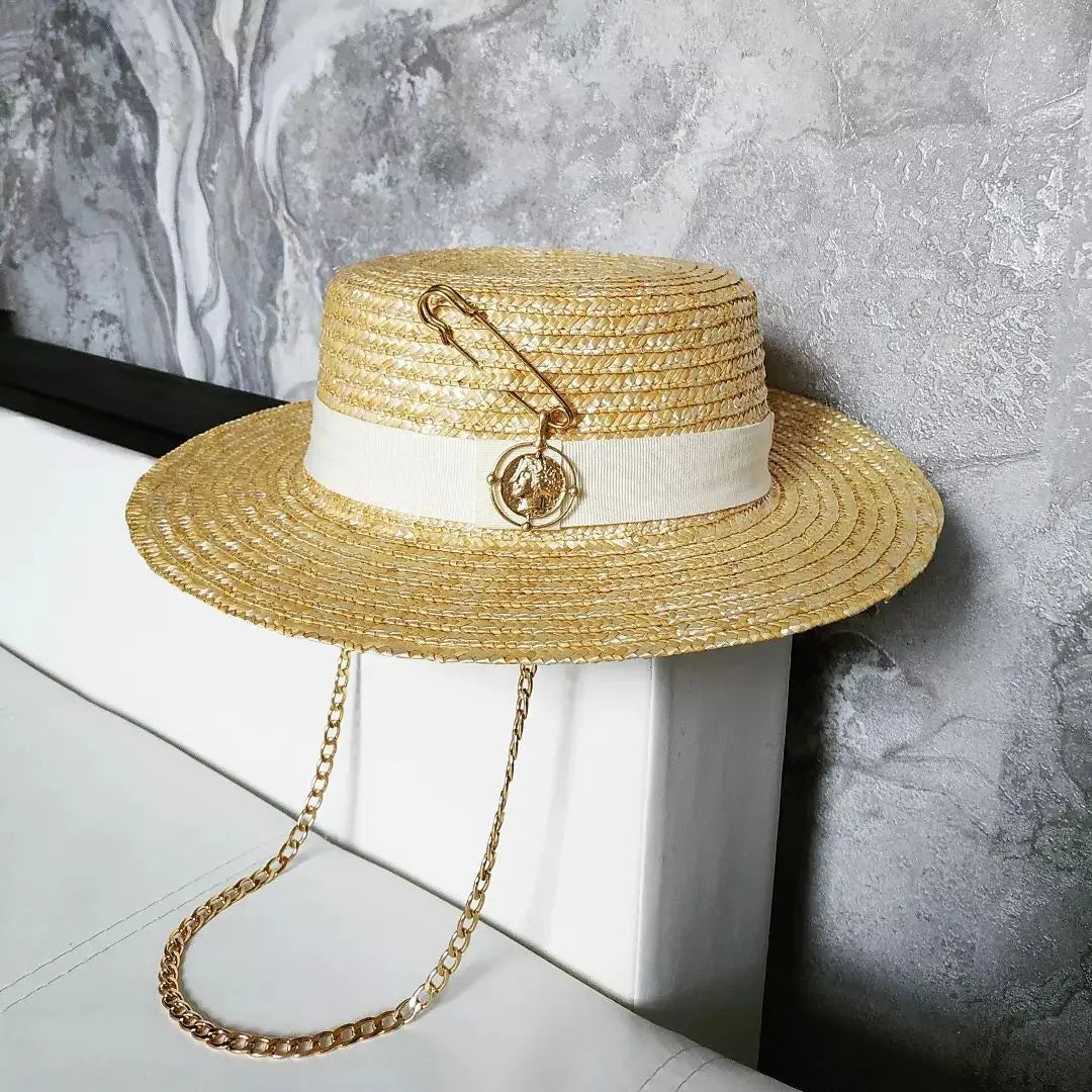 2023 Summer sun hat Lafite grass French straw hat Women's chain decorated straw hat Holiday Sun hat Punk style beach