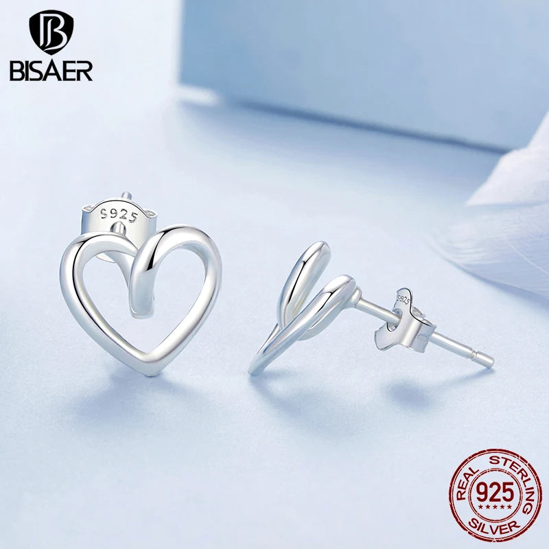 BISAER Boucles d'oreilles à tige minimalistes en argent sterling 925 véritable en forme de cœur torsadé pour femme, bijoux fins originaux