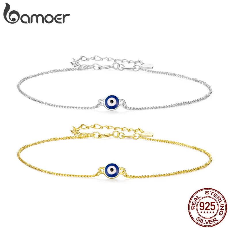 BAMOER 925 Sterling Silver Blue Evil Eye Charm Anklet for Women, Gold Plated Beach Party Trendy Jewelry Girl Guard Gift