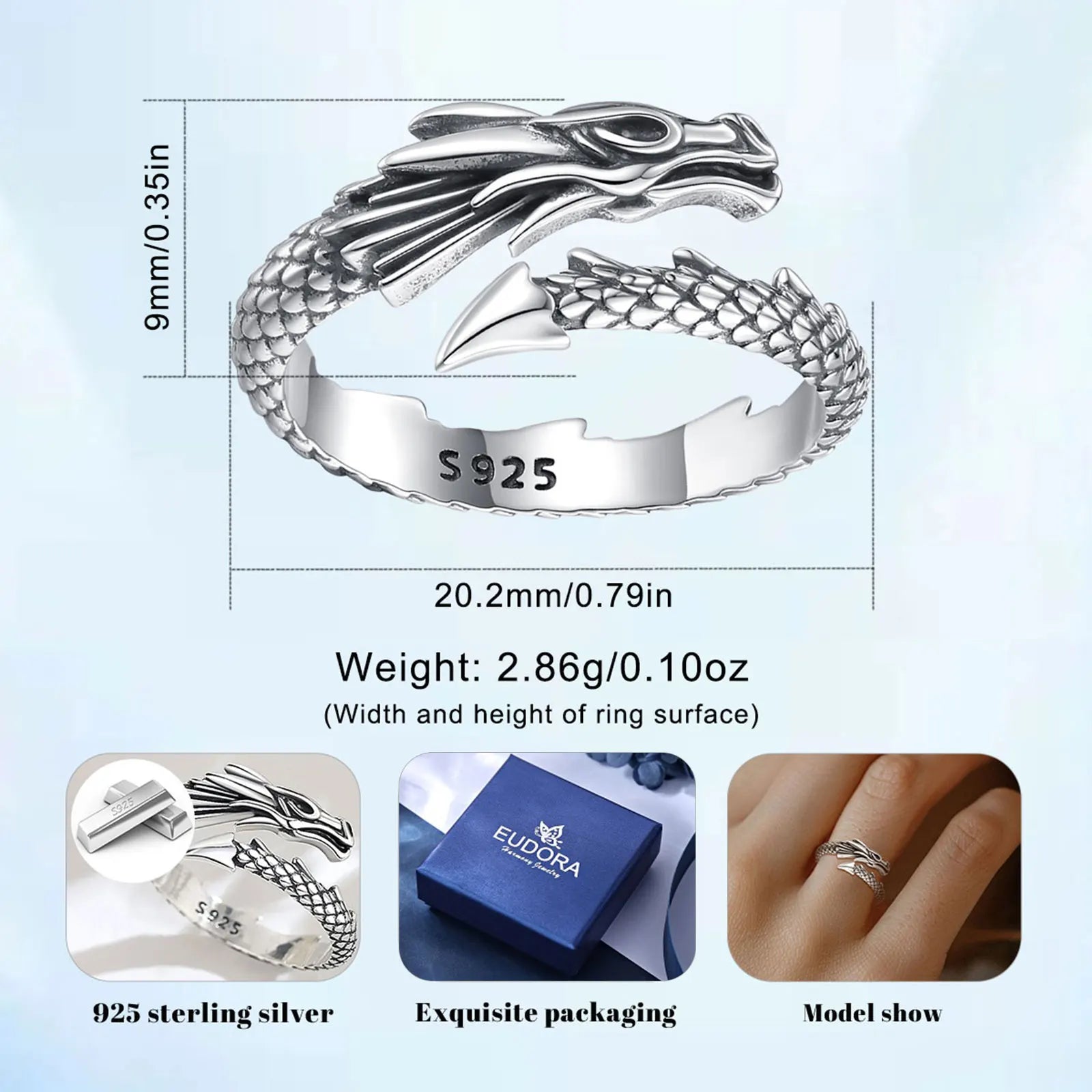 Bague ajustable en argent sterling 925 Eudora, motif dragon, style vintage, bijou tendance, idéal pour homme et femme