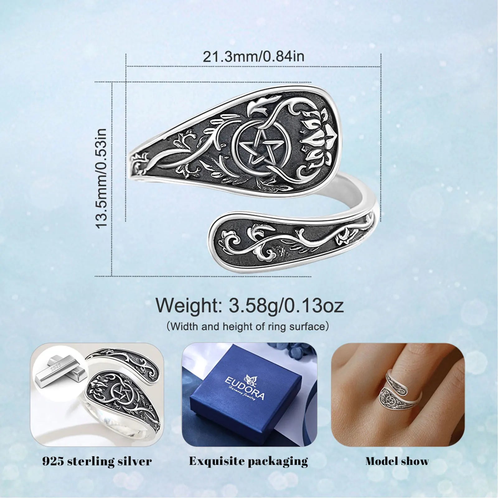 Eudora 925 Sterling Silver Pentagram Adjustable Ring Vintage Tetragrammaton Amulet Spoon Ring Wicca Jewelry Gift for Men Women
