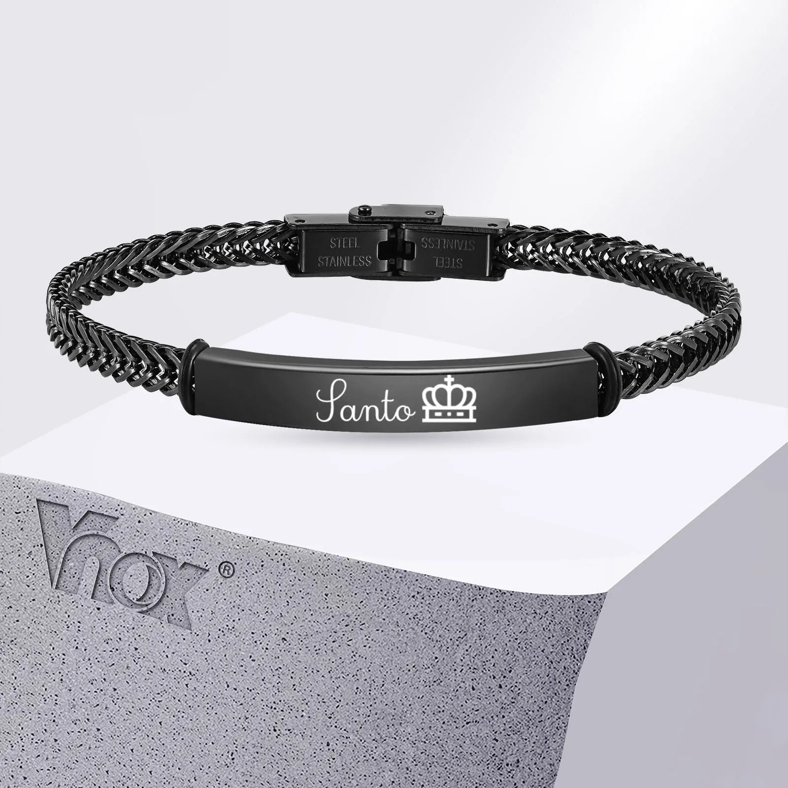 Vnox Custom Mens Mesh Band Bracelets, Engravable Black Stainless Steel Bangle,Simple Personalized Gift for Dad Fathers Day