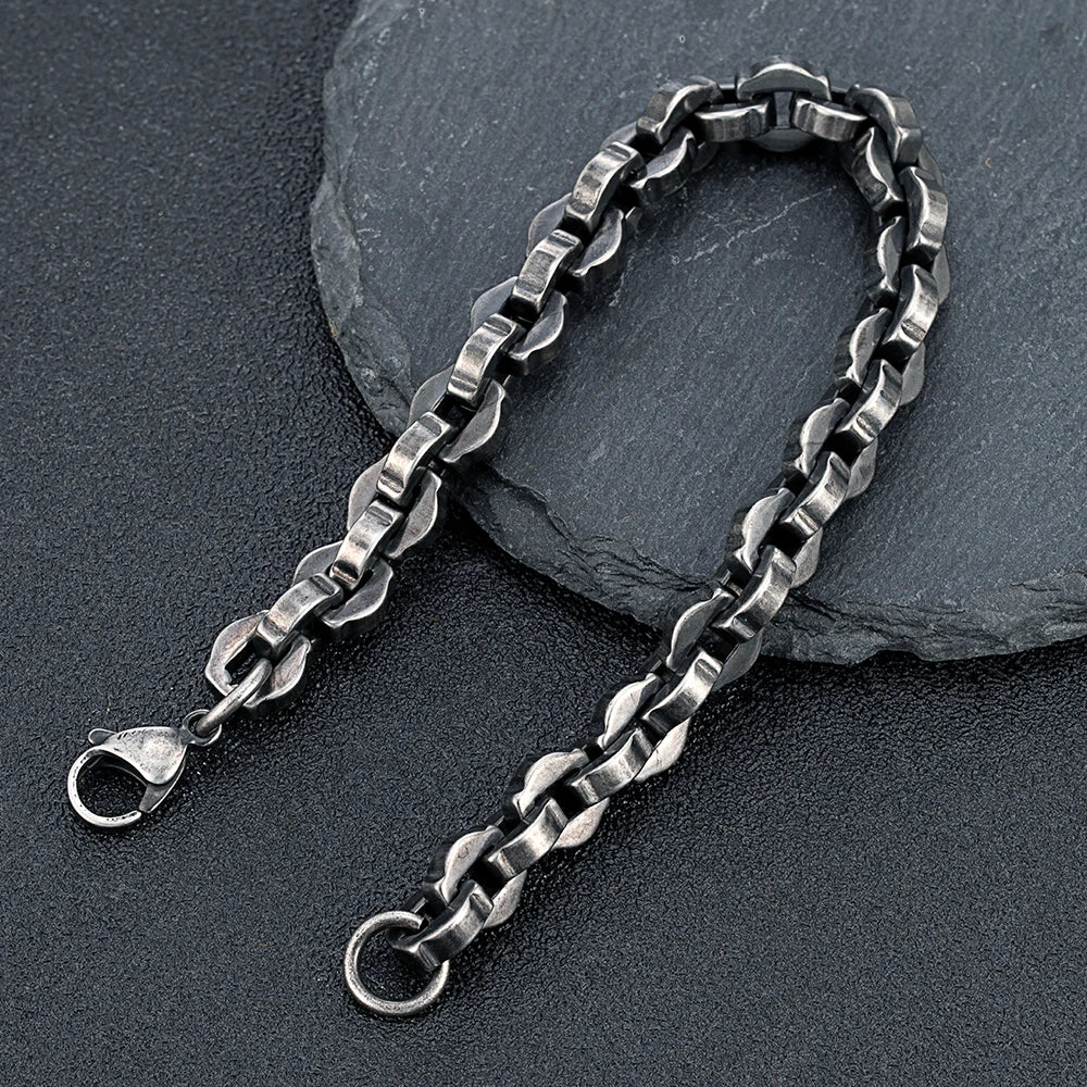 MKENDN 8.5MM Width Locomotive Vintage Oxidized Black Geometry Chain Link Men Bracelet Punk Stainless Steel Motorcycle Jewelry