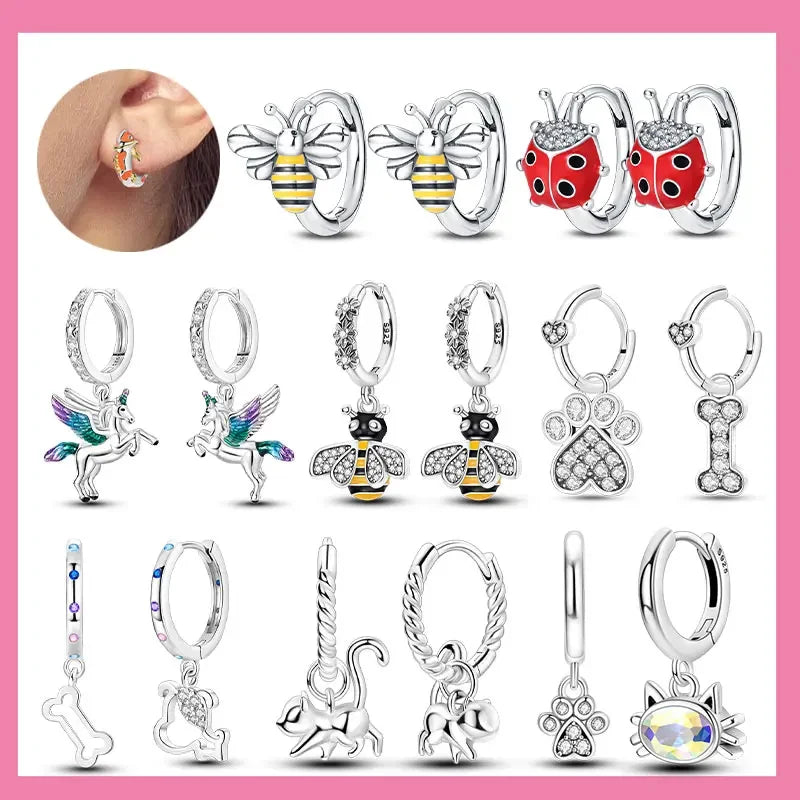 2025 All New Sterling Silver S925 Honey Bees, Cats, Dogs Zircon Earrings and Eardrop Simple Fine Jewelry Women Girls Party Gift