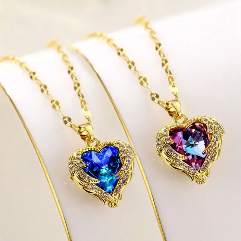 Luxury Colorful Crystal Ocean Heart Pendant Necklace For Women Korean Fashion Stainless Steel Neck Chain Female Wedding Jewelry - Madeinsea©