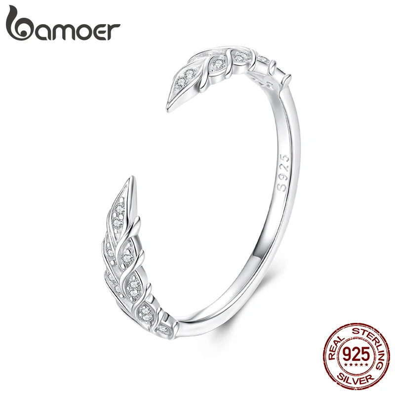 Bamoer 925 Sterling Silber Weizenährenring mit verstellbarer Pavé-Fassung und Zirkonia-Federform – ein perfektes Geschenk für Damen und Mädchen, ideal als Glücksbringer oder Partygeschenk.