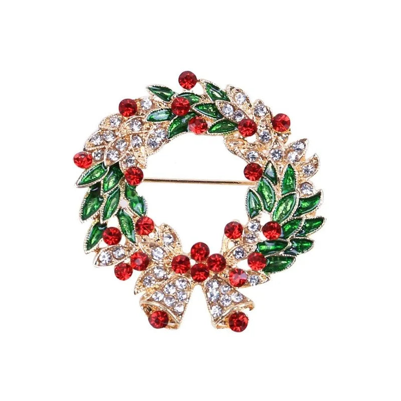 Broche de Noël en émail rouge avec clochette et cristal, 1 pièce, design tendance, ornée d'une couronne de Noël colorée.
