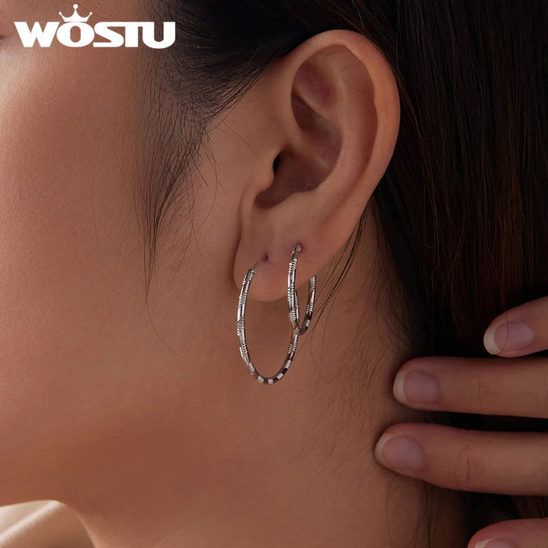 WOSTU 925 Sterling Silver Simple Luxury Hoop Earrings For Women, S925 Stacking Hoops Textured Women Statement Jewelry Gift