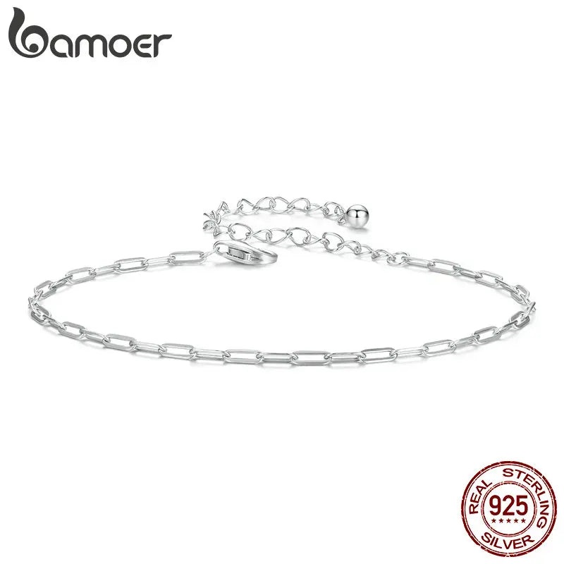 BAMOER Solid 925 Sterling Silver Square Chain Bracelets for Women, White Gold Plated Handmade Basic Bracelets Birthday Gift