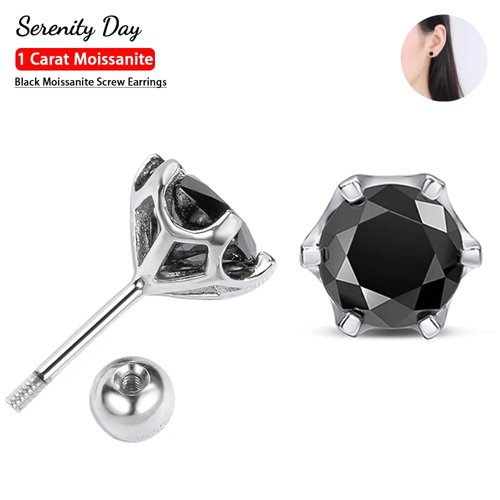 Serenity 5mm 6.5mm Real Black Moissanite Screw Earrings For Women Wedding Bridal 100% S925 Sterling Silver Earrings Fine Jewelry