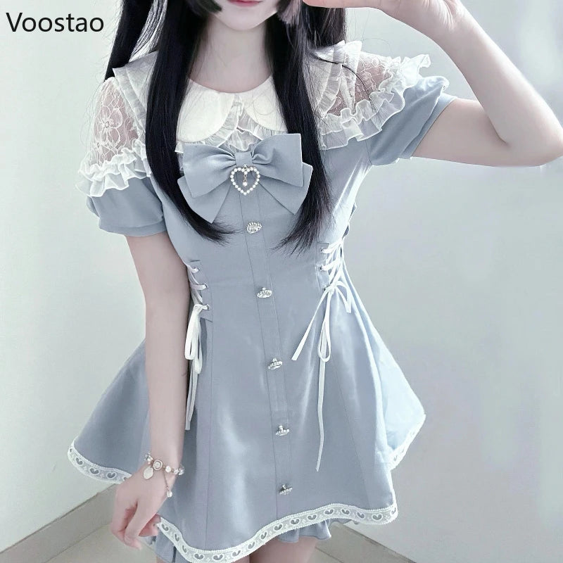 Japanese Style Sweet Bow Dress Shorts Set Women Kawaii Lace Puff Short Sleeve Shirt Dresses Female Gothic Y2k Lolita Outfits