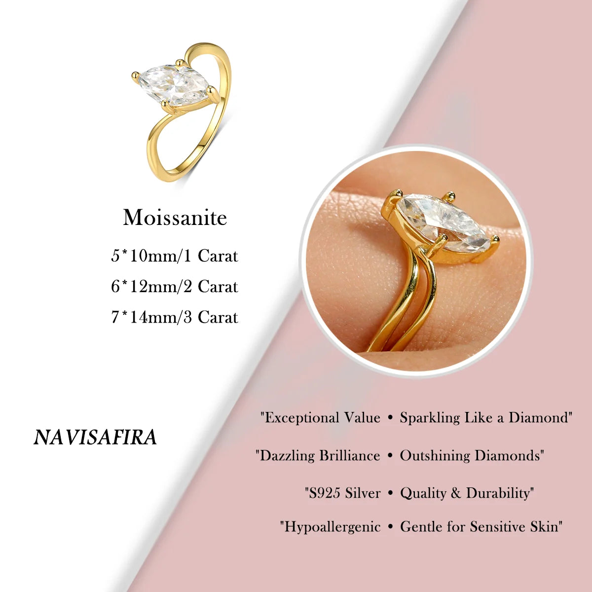 Navisafira S925 Marquise Moissanite Rings, 1/2/3 Carat Options, Gold & Silver Colors, Elegant Double Band Design