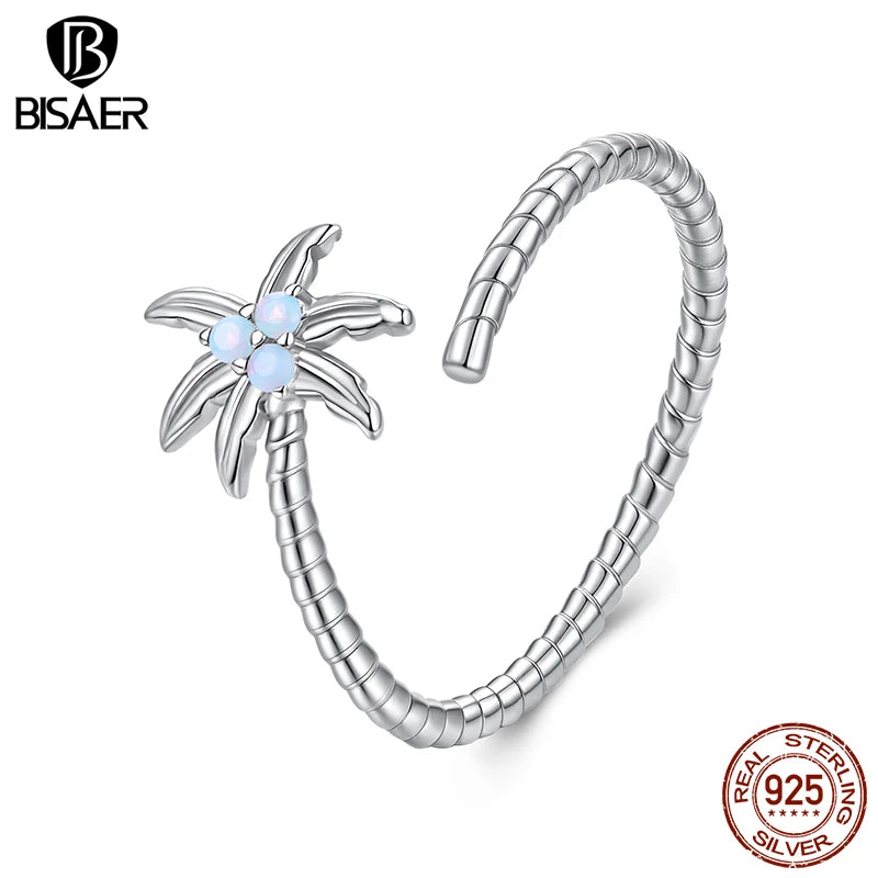 BISAER 925 Sterling Silver Coconut Tree Open Ring Opal Band Plated White Gold for Women Party Original Fine Jewelry Holiday Gift