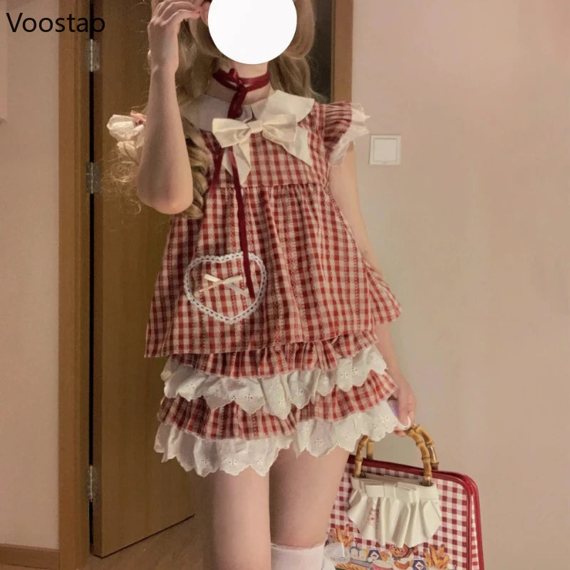 Kawaii Lolita Style Sweet 2 Piece Set Woman Cute Peter Pan Collar Plaid Blouse Tops Y2k Mini Skirts Female Korean Fashion Suit - Madeinsea©