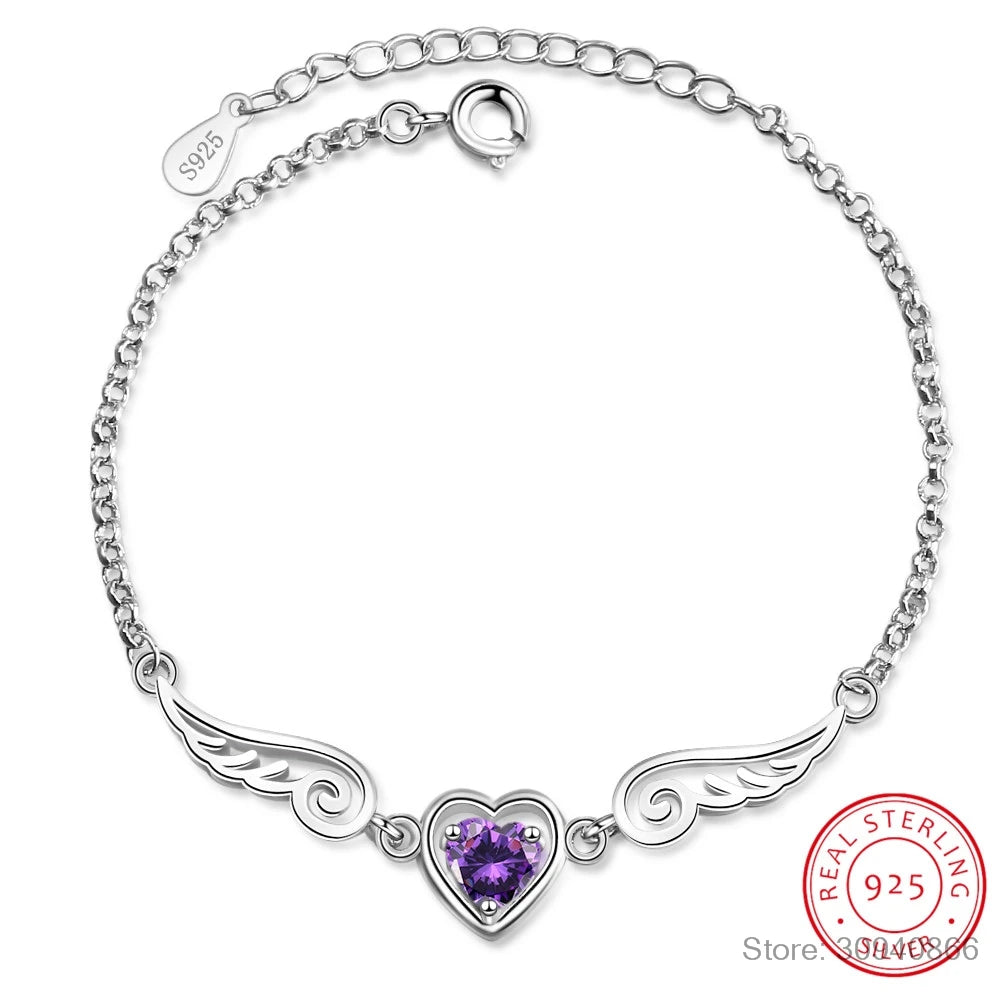 Real 925 Sterling Silver Pretty Bracelet For Women Birthday Valentine's Day Gift Angel Wing Heart Purple CZ Fine Jewelry DA2976