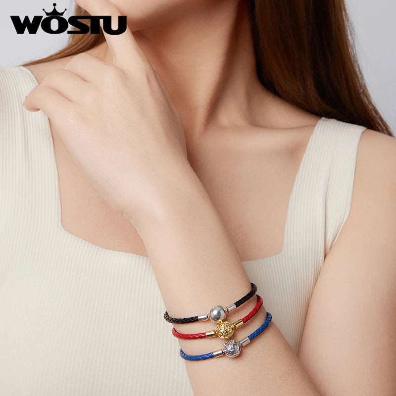 WOSTU 925 Sterling Silver Round Buckle Basic Leather Bracelet Retro Scroll Pattern Original for Woman Man Gift Fine Jewelry DIY