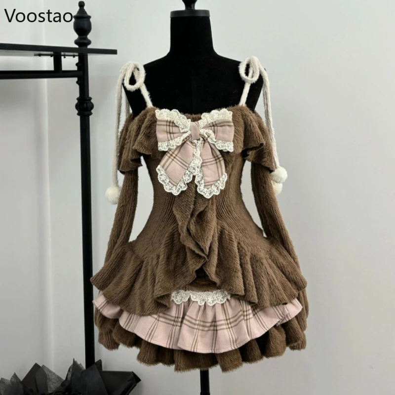 Vintage Sweet Lolita 2 Piece Sets Women Japanese Off Shoulder Bow Blouse Tops Plaid Cake Mini Skirt Suit Girls Cute Y2k Outfits