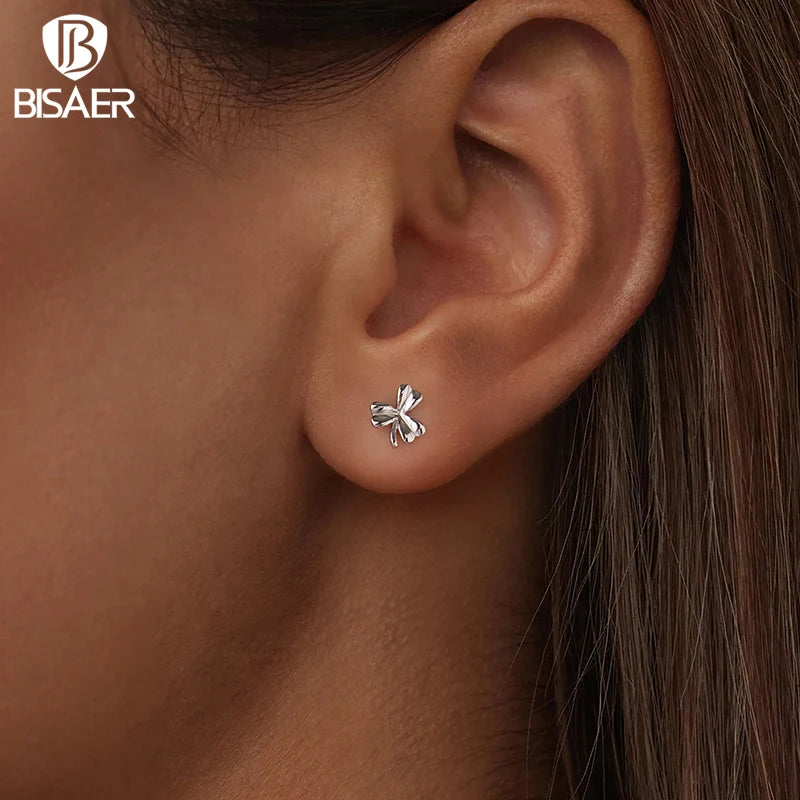 BISAER 925 Sterling Silver Mini Clover Stud Earrings,Lightweight Hypoallergenic Stud Ear for Lucky Woman Party Fine Jewelry