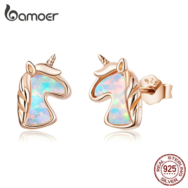 BAMOER Opal Licorne Stud Earrings for Women 925 Sterling Silver Fashion Jewelry Brincos SCE815