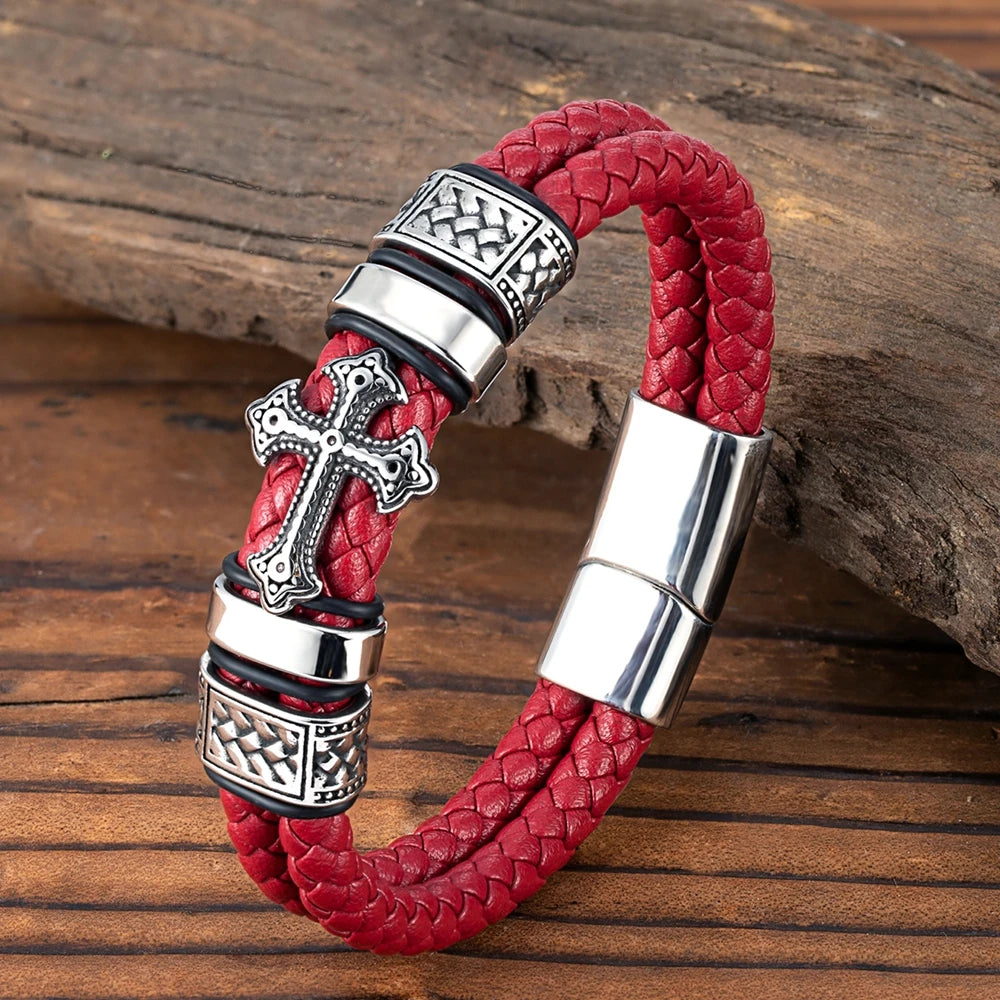 MKENDN Vintage Punk Cross Genuine Leather Bracelet Classic Stainless Steel Double-layer Braid Bangles For Men Friend Gift - Madeinsea©