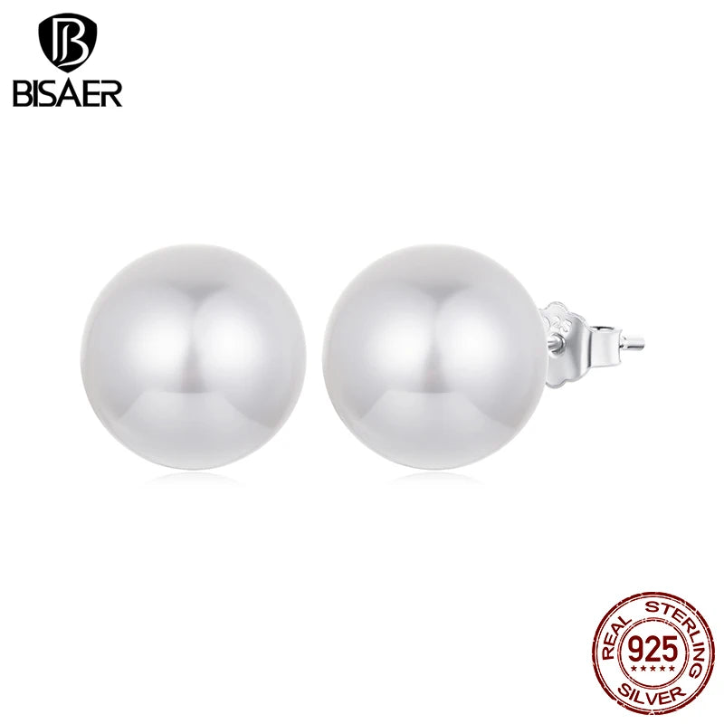 Boucles d'oreilles à tige en perles rondes BISAER 100 % argent sterling 925 plaqué or blanc pour femmes élégantes, bijoux fins originaux, cadeau de fête