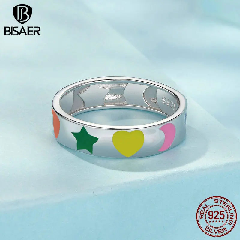 Bague large arc-en-ciel BISAER 100 % argent sterling 925 avec processus d'émail symbolisant la bande plaquée or blanc pour femme, bijoux fins de fête