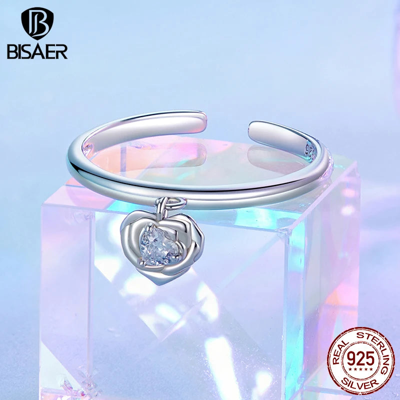 BISAER 925 Sterling Silber Herz Rose Offener Ring Blume Verstellbar Verlobungsringe Vergoldet Weißgold für Frauen Hochzeit Edler Schmuck