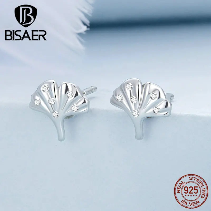 BISAER Bague en argent sterling 925 100 % feuille de ginkgo, boucles d'oreilles à tige pour femme élégante, ensemble de bijoux fins pour fête, cadeau d'automne