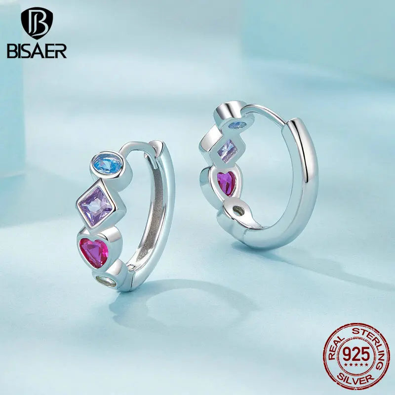 BISAER 925 Sterling Silber Bunte Zirkone Stud Ohrringe Runde Ohr Clip Überzogene Weißes Gold Für Frau Partei Edlen Schmuck ECE1789