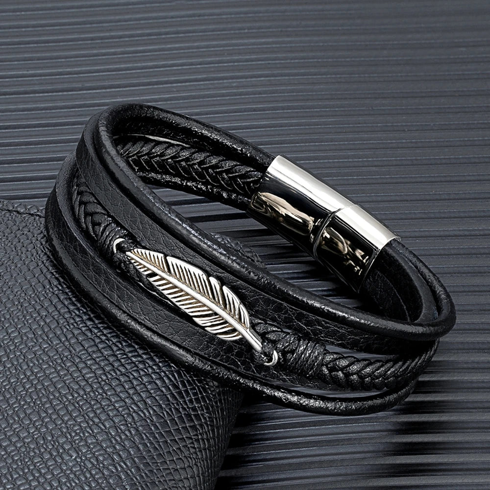 MKENDN Simple Classic Feather Genuine Leather Bracelet Braided Multilayer Stainless Steel Magnetic Clasp Wrap Bangle - Madeinsea©