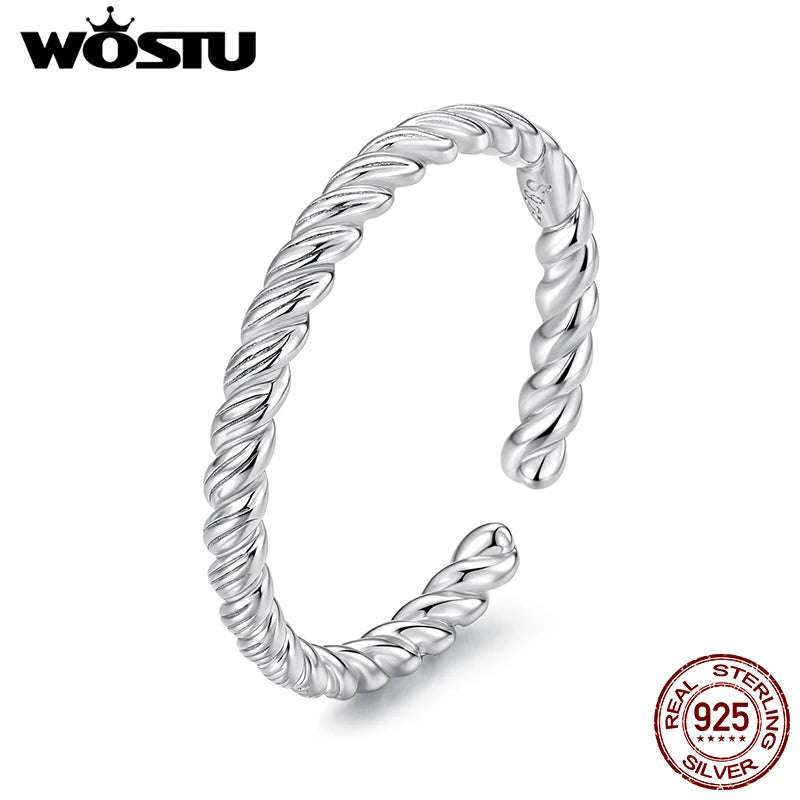 WOSTU 925 Sterling Silver 2.2mm Wide Twisted Adjustable Open Ring For Women, Minimalist Spiral Jewelry Vintage Stackable Rings