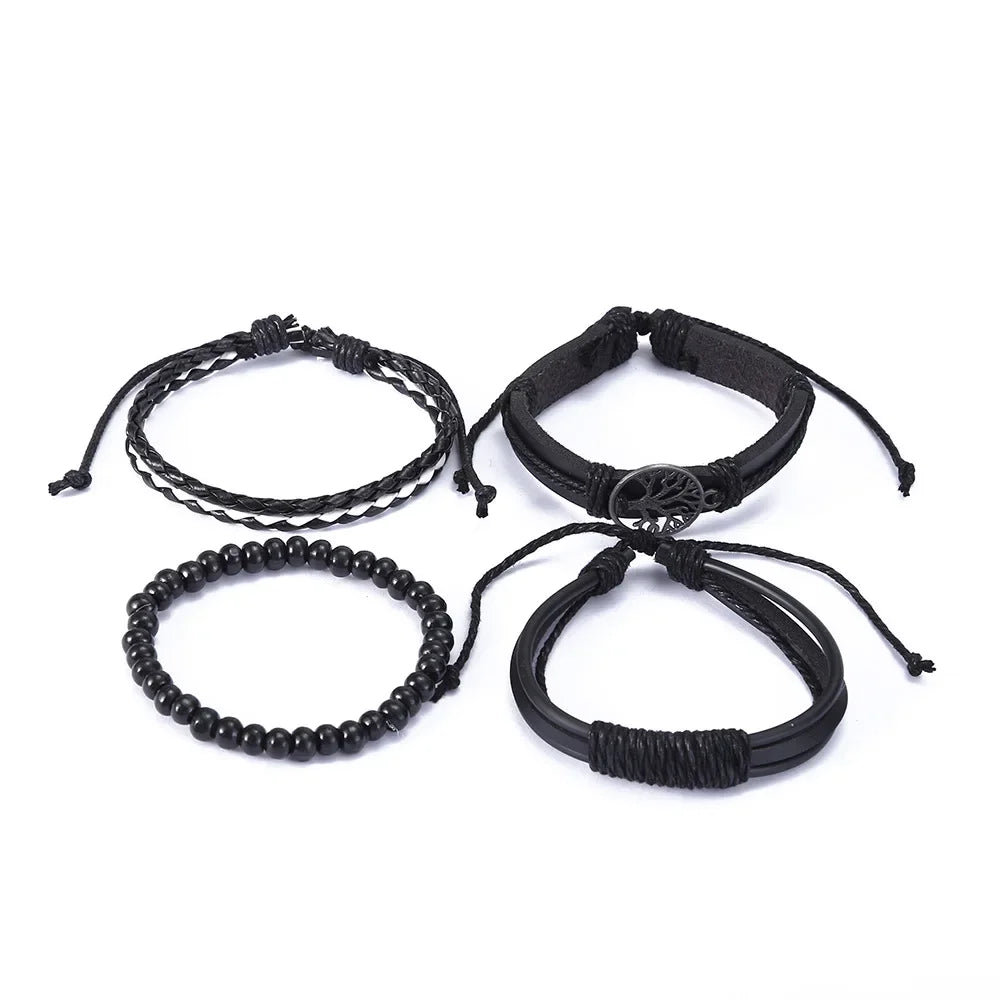 3-4Pcs Vintage Leather Bracelet Set For Men Tree of Life Charm Black Woven Rope Beads Chain Wrap Bangle Women Handmade Jewelry