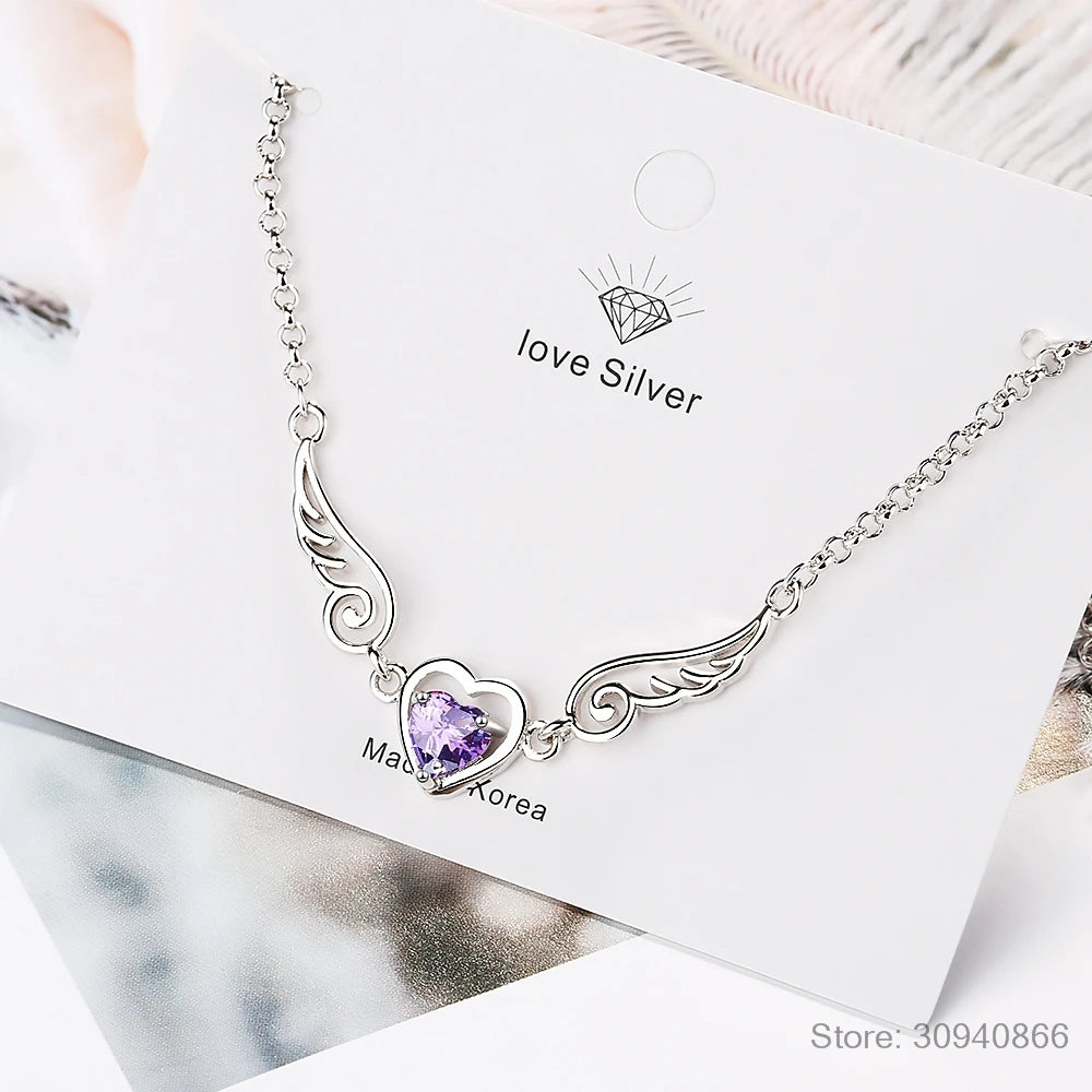 Real 925 Sterling Silver Pretty Bracelet For Women Birthday Valentine's Day Gift Angel Wing Heart Purple CZ Fine Jewelry DA2976
