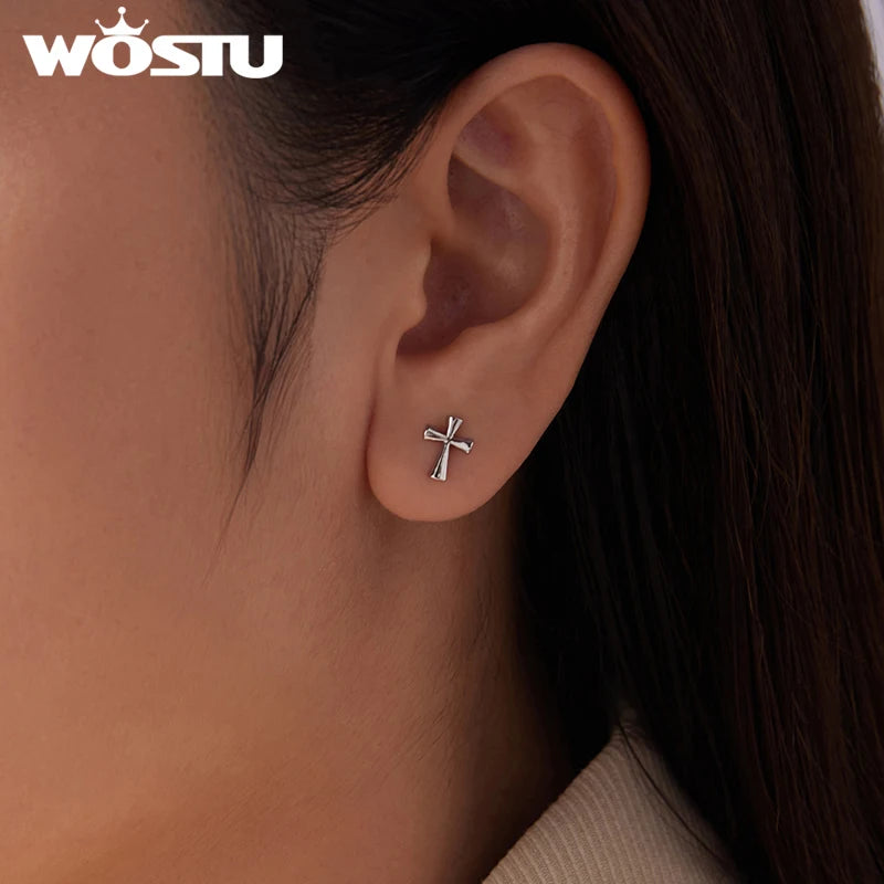 WOSTU Solid 925 Sterling Silver Simple Cross Stud Earrings For Women, Daily Wear Guard Ankh Egyptian Ear Studs Jewelry Gift