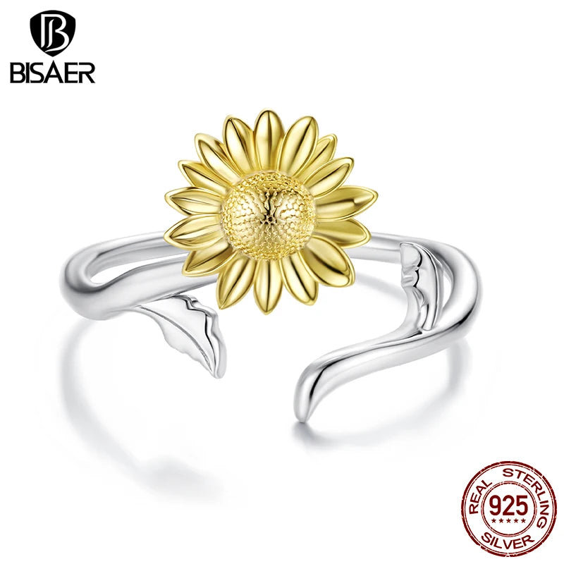 BISAER Gold Sunflower Open Ring 925 Sterling Silver Delicate Blooming Flowers Eternity Band for Women Party Fine Jewelry Gift