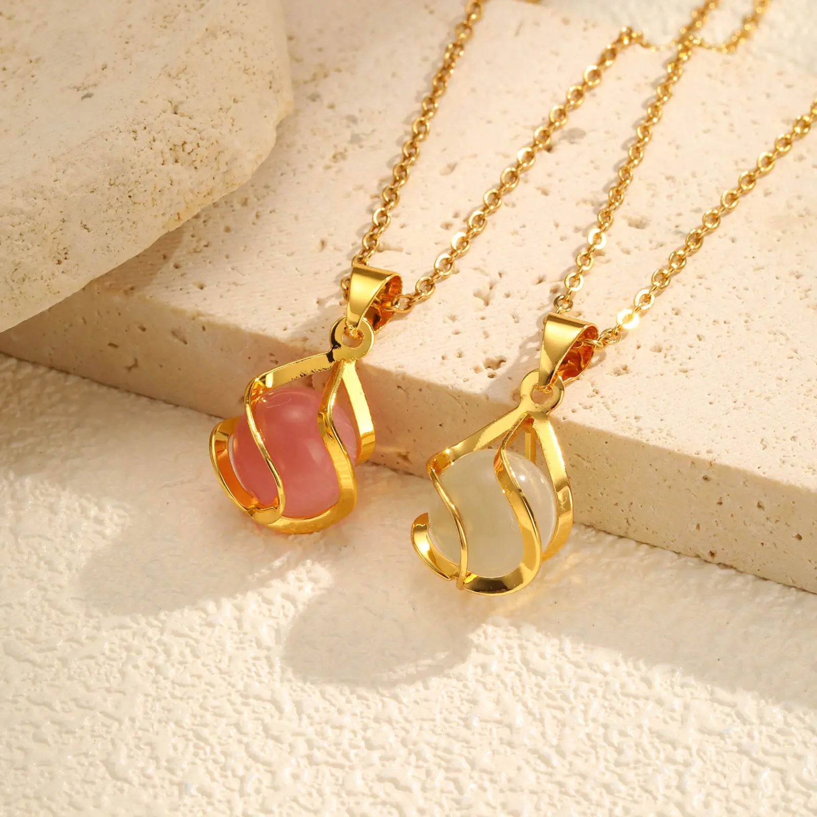 Vnox Elegant Gold Color Women's Pendant Necklace New Design Geometric Hollow Opal Pendant Charm Neck Jewelry Daily Wear