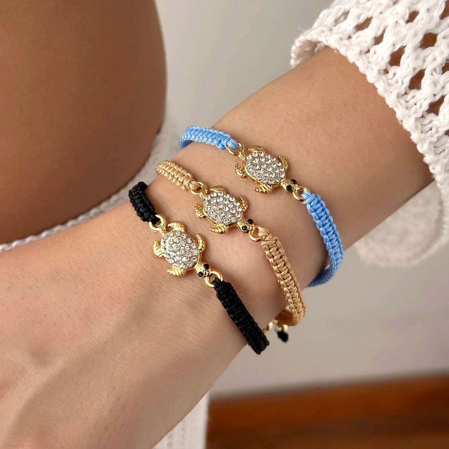 Boho Bohemian Sea Turtle Woven Bracelet For Women Full Rhinestone Tortoise Handmade Bangles Beach Party Banquet Charm Jewelry