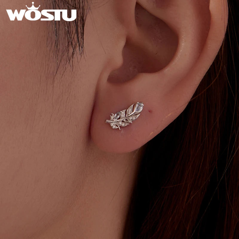 WOSTU 925 Sterling Silver Ice Blue Feather Stud Earrings For Women Winter Xmas Gift, Dainty Bohemian s925 Studs Wedding Jewelr