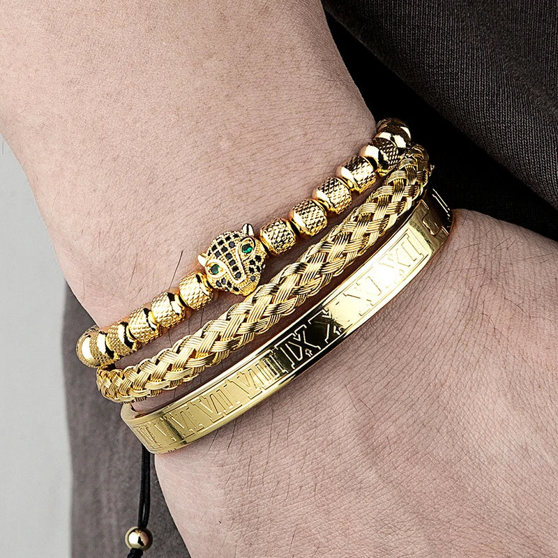 3 teile/satz Klassische Handgemachte Flechten Armband Hip Hop Männer Pflastern CZ Leopard Kopf Römischen Ziffer Armband Edelstahl Schmuck
